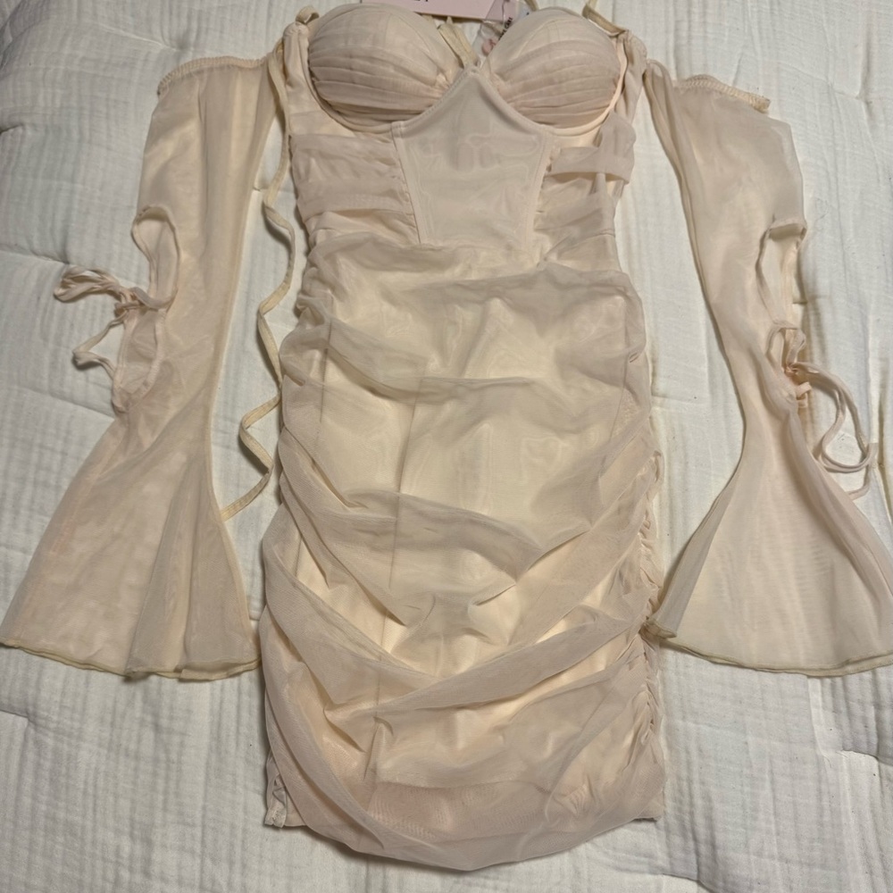 Oh Polly Cream Ruched Bodycon Dress with Bell Sleeves